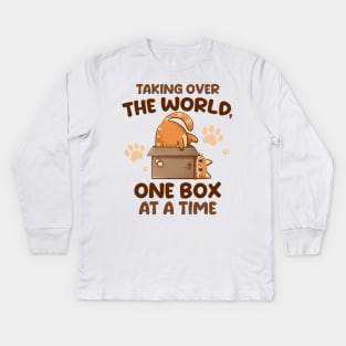 Taking Over the World, One Box at a Time - Cute Funny Cat Gift Kids Long Sleeve T-Shirt